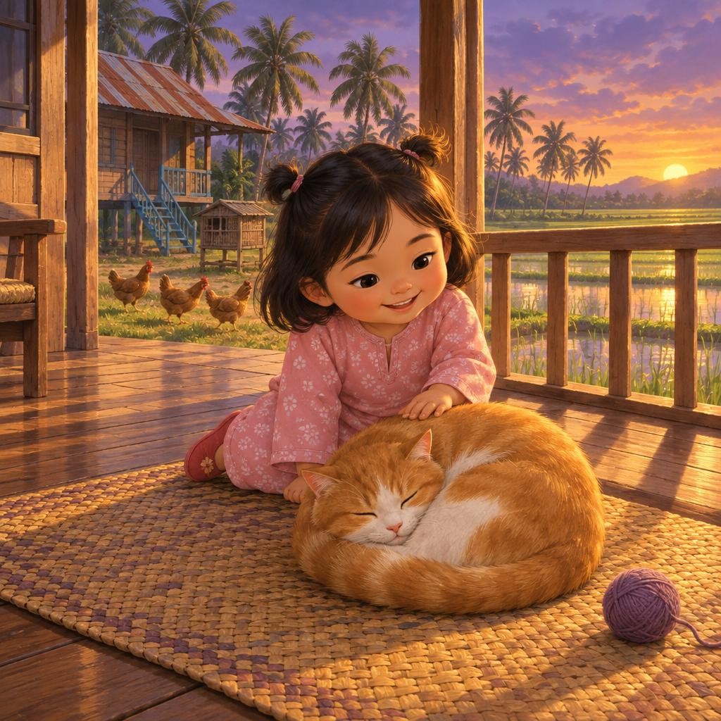 Kucing pun dah mengantuk. Dia baring atas tikar mengkuang. Bulat, macam bantal kecil.