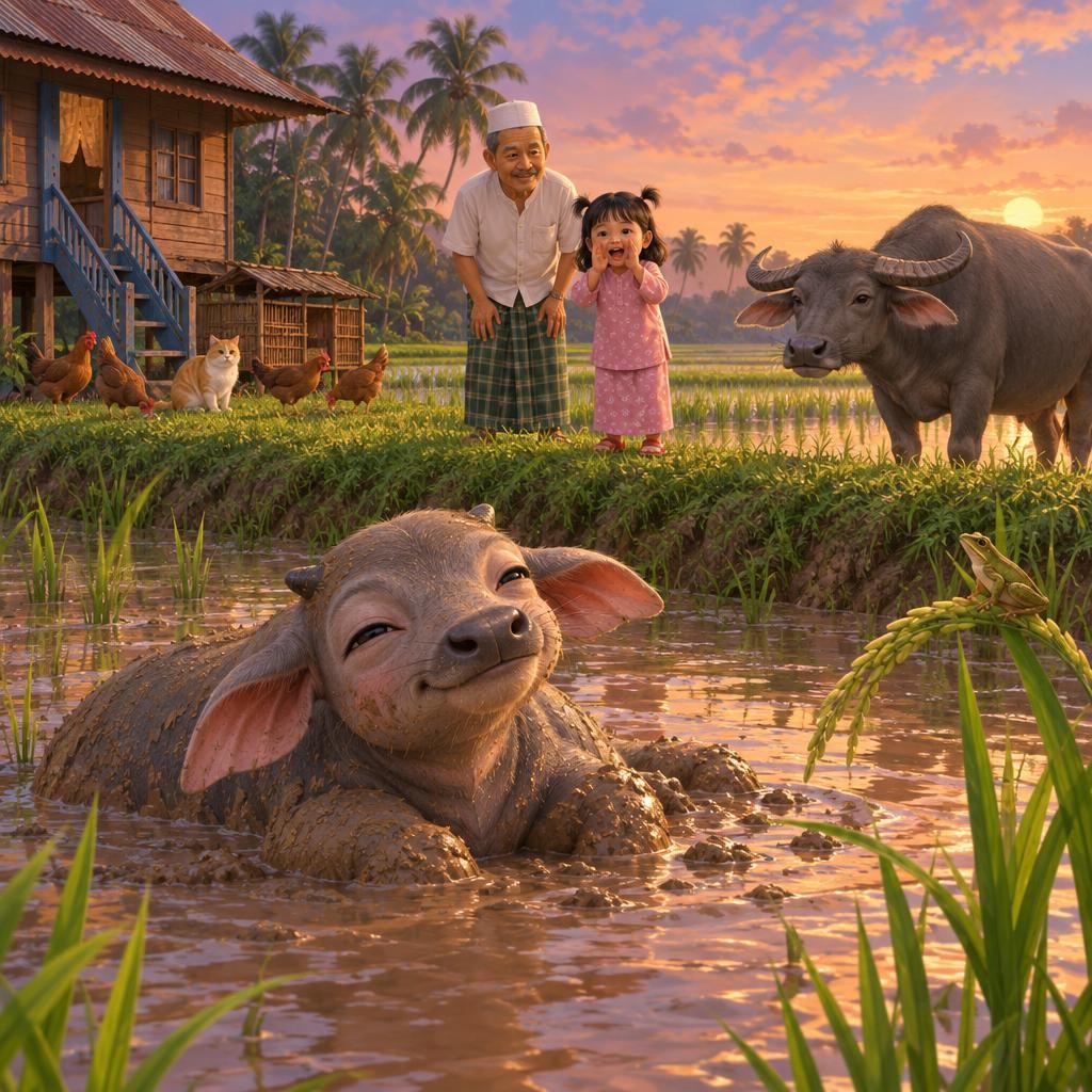 Tapi Kerbau Kecil masih dalam sawah. Lumpur, lumpur! Dia suka sangat. Aina panggil kuat-kuat, "Kerbau Kecil, jom balik! Hari dah malam!" Kerbau Kecil tak datang pun.