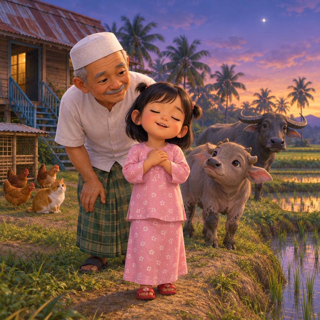 Aina diam sekejap. Lepas tu dia bersenandung perlahan, lagu tidur yang Mak selalu nyanyi. Hmm... hmm... "Kerbau Kecil, jom balik. Hari dah malam." Jom kita bersenandung sama-sama: