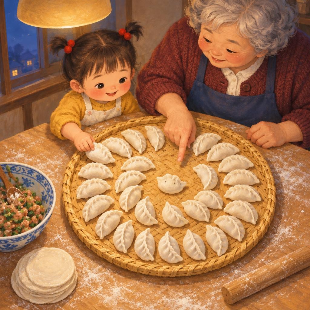 饺子一个一个，坐上圆圆的盖帘。一个，两个，三个……一圈又一圈。朵朵的胖饺子，坐在最中间。