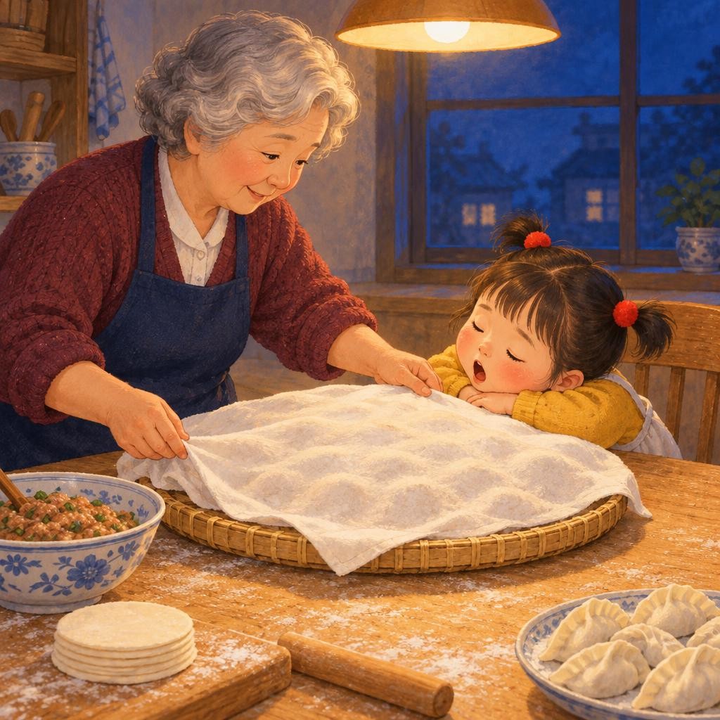 朵朵打了个大哈欠。“朵朵不困！饺子还没睡呢。”奶奶拿来一块干净的白布，轻轻盖在饺子上。“饺子宝宝盖好被子，晚安啦。”朵朵也小声说：“饺子宝宝，晚安。”