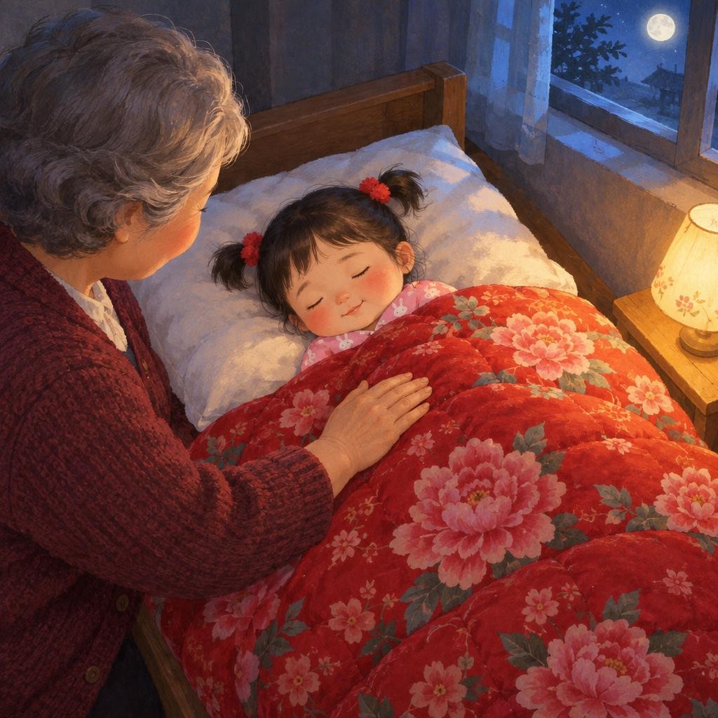 朵朵饺子暖暖的，软软的。奶奶轻轻拍一拍：“朵朵宝宝，晚安。”朵朵闭上眼睛，香香地睡着了。明天早上，一起吃饺子。