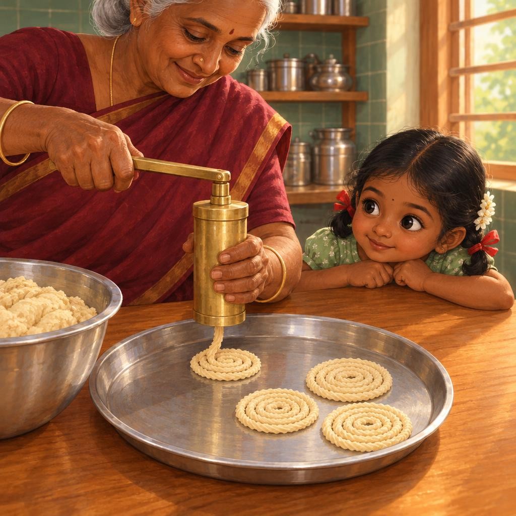 பாட்டி பித்தளை murukku அச்சில் dough-ஐ வைத்தார். அழுத்தி… சுத்தி, சுத்தி… plate மேல் ஒரு அழகான round murukku! இன்னொன்று. இன்னொன்று. பாட்டியின் murukku எல்லாமே perfect round.