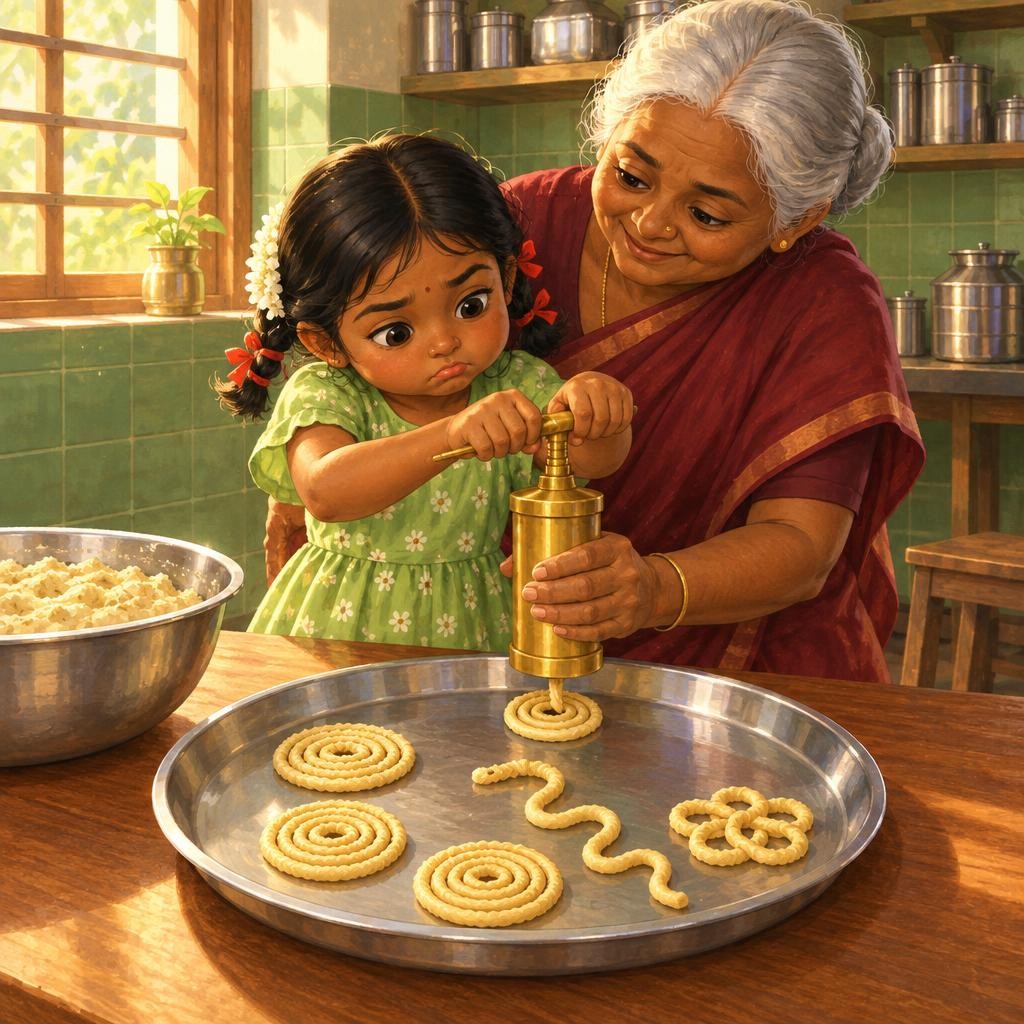 இப்போ நிலாவின் turn. அவள் முழு பலத்தோடு அழுத்தினாள். Dough வளைந்து, நெளிந்து வந்தது — ஒரு பாம்பு மாதிரி! அடுத்தது ஒரு கோணல் பூ மாதிரி. நிலா உதட்டைப் பிதுக்கினாள். "என் murukku roun