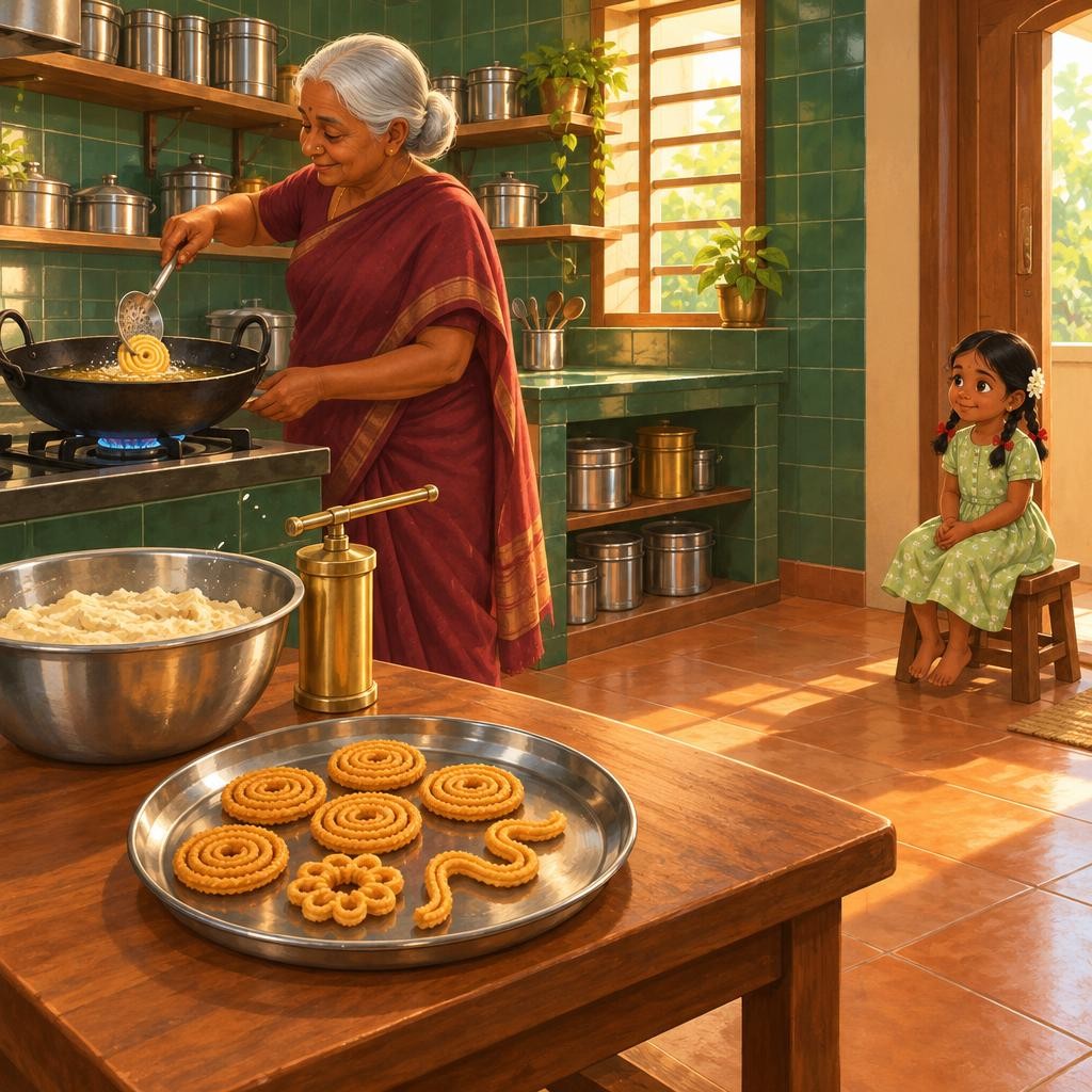 பாட்டி மெதுவாகச் சிரித்தார். "ஒவ்வொரு murukku-வுக்கும் ஒவ்வொரு shape. இது பாம்பு murukku. இது பூ murukku. ரெண்டுமே tasty தான்!" Murukku பொரிப்பது பெரியவர்களின் வேலை. சூடான எண்ணெயில