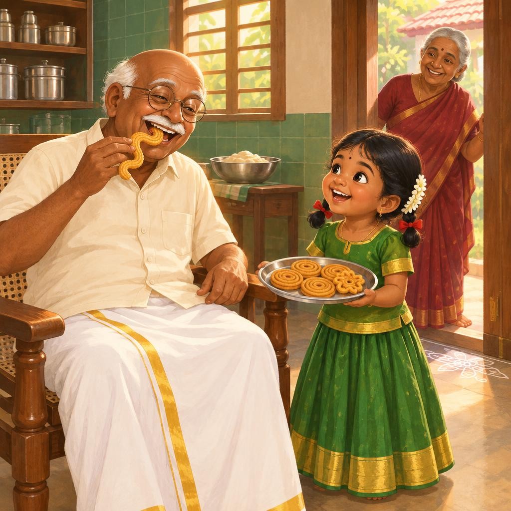 Deepavali காலை! நிலா தன் புது பட்டுப் பாவாடையில் murukku plate-ஐ தாத்தாவிடம் கொண்டு போனாள். தாத்தா எதை first எடுத்தார் தெரியுமா? பாம்பு murukku! கறுக், முறுக்! "ஆஹா, இது தான் ரொம்ப