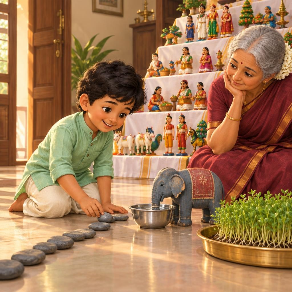 அப்போதுதான் கீழே இருந்த பாட்டியின் பித்தளைத் தட்டு கவின் கண்ணில் பட்டது. அதில் பச்சை முளைப்பயிர்கள் அழகாக முளைத்திருந்தன! 'எனக்கு ஒரு யோசனை!' என்றான் கவின். கொலுவுக்கு முன்னால் தரை