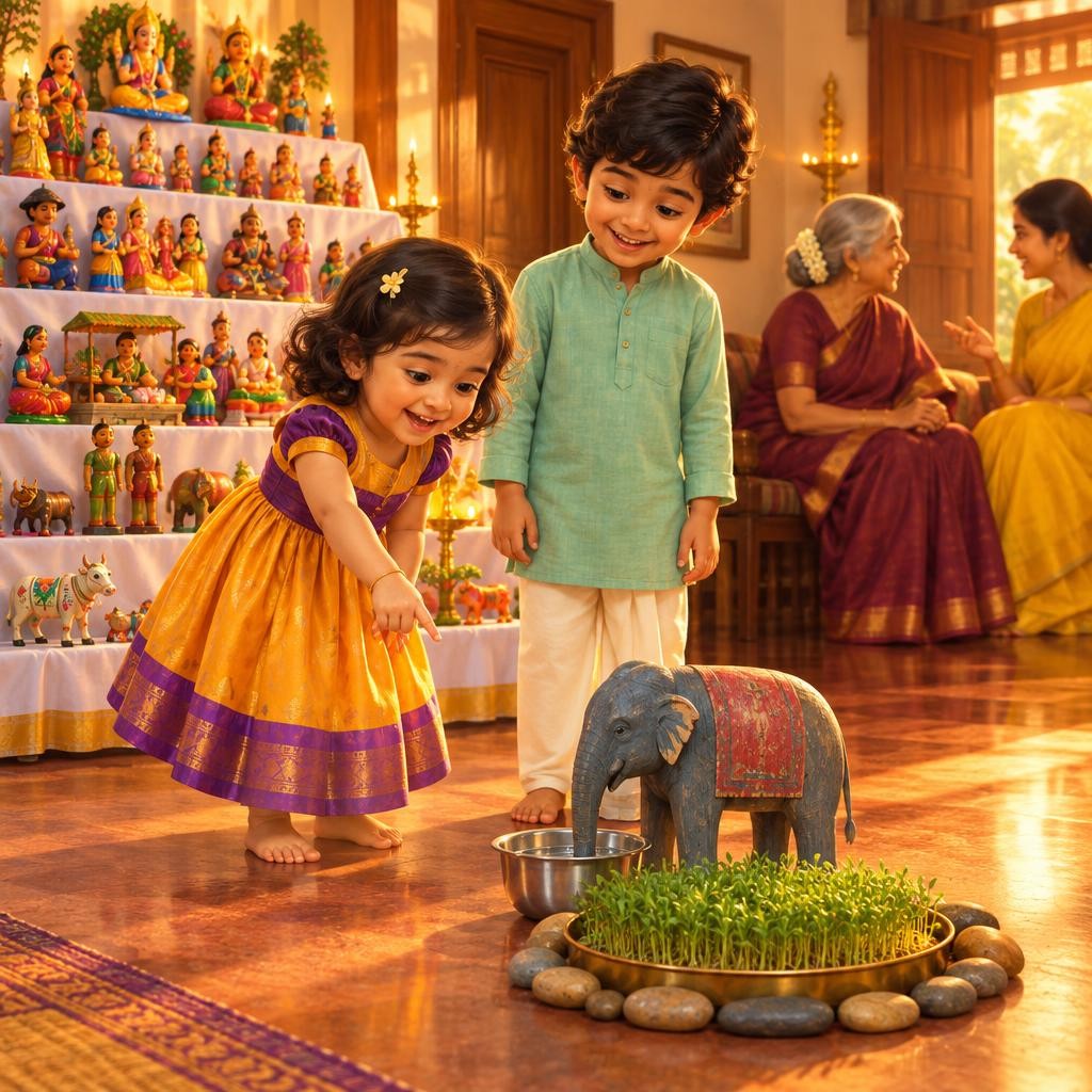 மாலை நேரம் வந்தது. பக்கத்து வீட்டுக்காரர்கள் கொலு பார்க்க வந்தார்கள். சுண்டல் வாசனை வீடு முழுக்க வீசியது. பக்கத்து வீட்டுச் சின்னப் பாப்பா கொலுவை நெருங்கினாள். படிகளைப் பார்ப்பதற்க