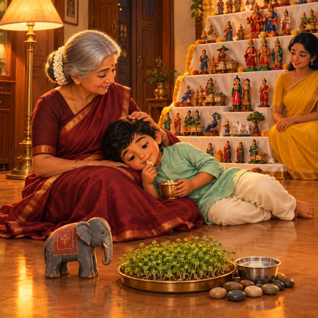 இரவு வந்தது. உயரமான தாங்கியில் பித்தளைக் குத்துவிளக்கு பொன்னிறமாக ஒளி தந்தது. கவின் பாட்டியின் மெதுவான மடியில் தலைசாய்த்துப் படுத்துக்கொண்டான். சூடான கொண்டைக்கடலை சுண்டலை மென்று தி