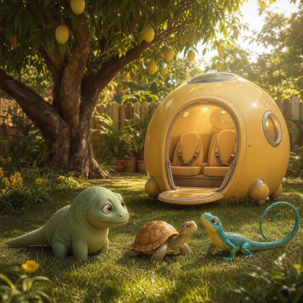 La nave detrás del árbol de mangos illustration for Tito el dinosaurio y el viaje a las estrellas