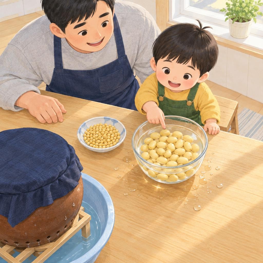 아빠가 콩을 보여 줘요. 작고 동글동글, 단단해요. 콩을 물에 퐁당 담가요. 하룻밤 자고 나면, 콩이 어떻게 됐을까요?