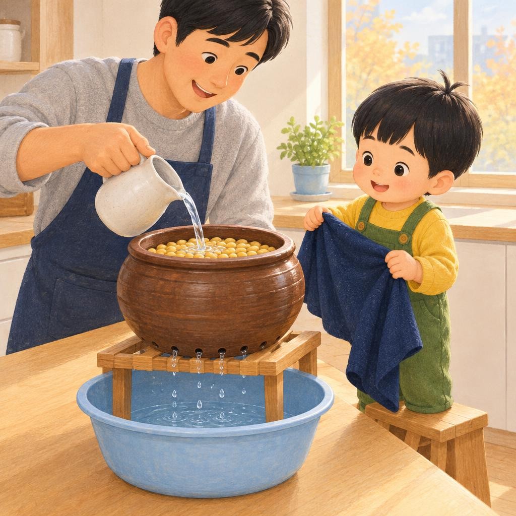 통통한 콩을 구멍이 송송 난 그릇에 담아요. 흙은 넣지 않아요. 이 그릇이 콩나물시루예요. 쪼르르, 물을 부어요. 물은 구멍으로 쏙쏙 빠져요. 까만 천을 덮고 기다려요. 콩이 어떻게 될까요?