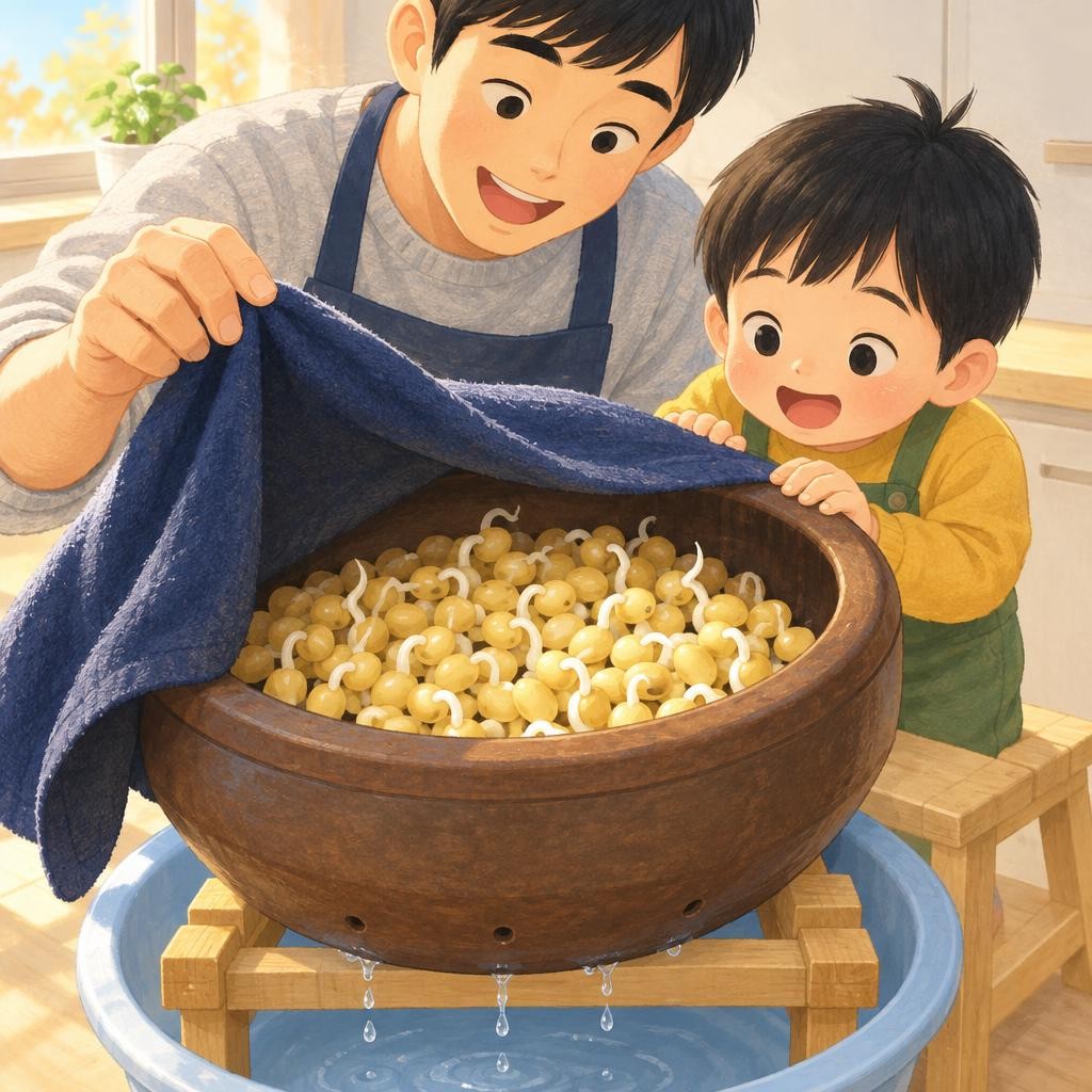 하루, 이틀, 사흘. 날마다 쪼르르 물을 부어 줬어요. 까만 천을 살짝 열어 볼까요? 쏙! 쏙! 콩에서 무엇이 나왔을까요?