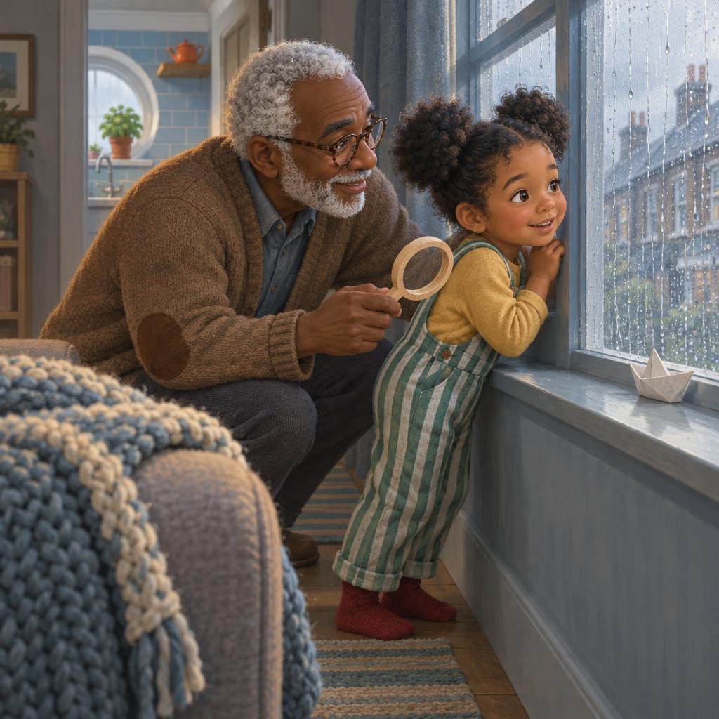 Pitter-patter, pitter-patter. Rain tapped on every window. Juno pressed her nose to the glass. "There's nothing to do," she sighed. Grandpa Abe held up her wooden magnifying glass.