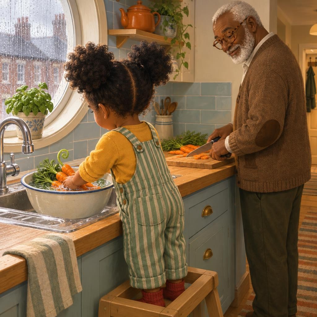 Chop, chop, chop. Grandpa Abe was cutting carrots with a big, shiny knife. Juno peeked from her stool by the sink. "Sharp!" she whispered. "Sharp things are for grown-up hands." "T