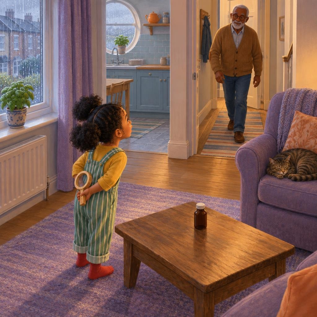 Juno tiptoed into the living room. Her magnifying glass found something on the low table: a little bottle of medicine. Uh-oh! Medicine is not sweets. Only a grown-up can give it, a