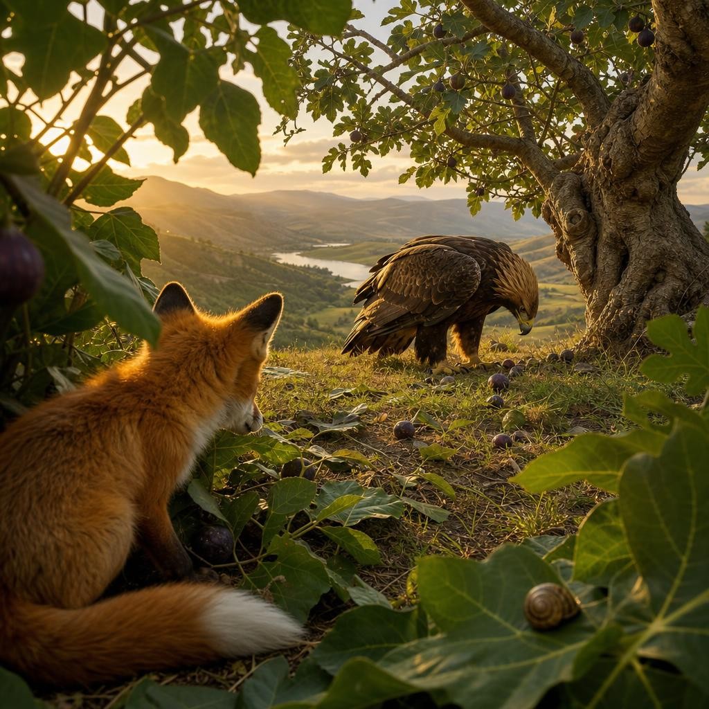 Arin landed beside the fig tree. Rumi sprang onto the soft grass—THUMP!—rolled once, and slipped behind a safe wall of bushes. “Where is the golden tail?” Arin called. Rumi peeked 