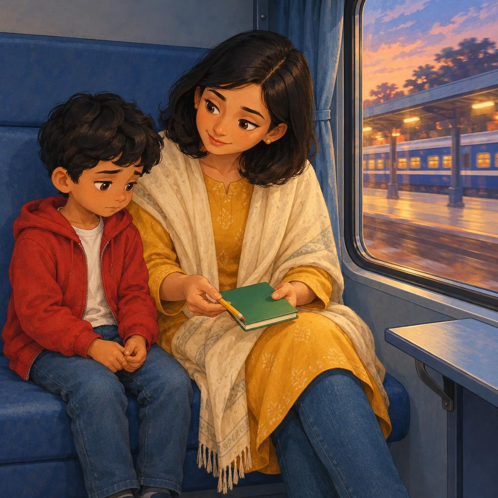 Their seats were by the window. As the train rolled out, Neel waved at the platform, and then he went quiet. "Ma," he whispered, "I haven't seen Nana and Nani for a whole year. On
