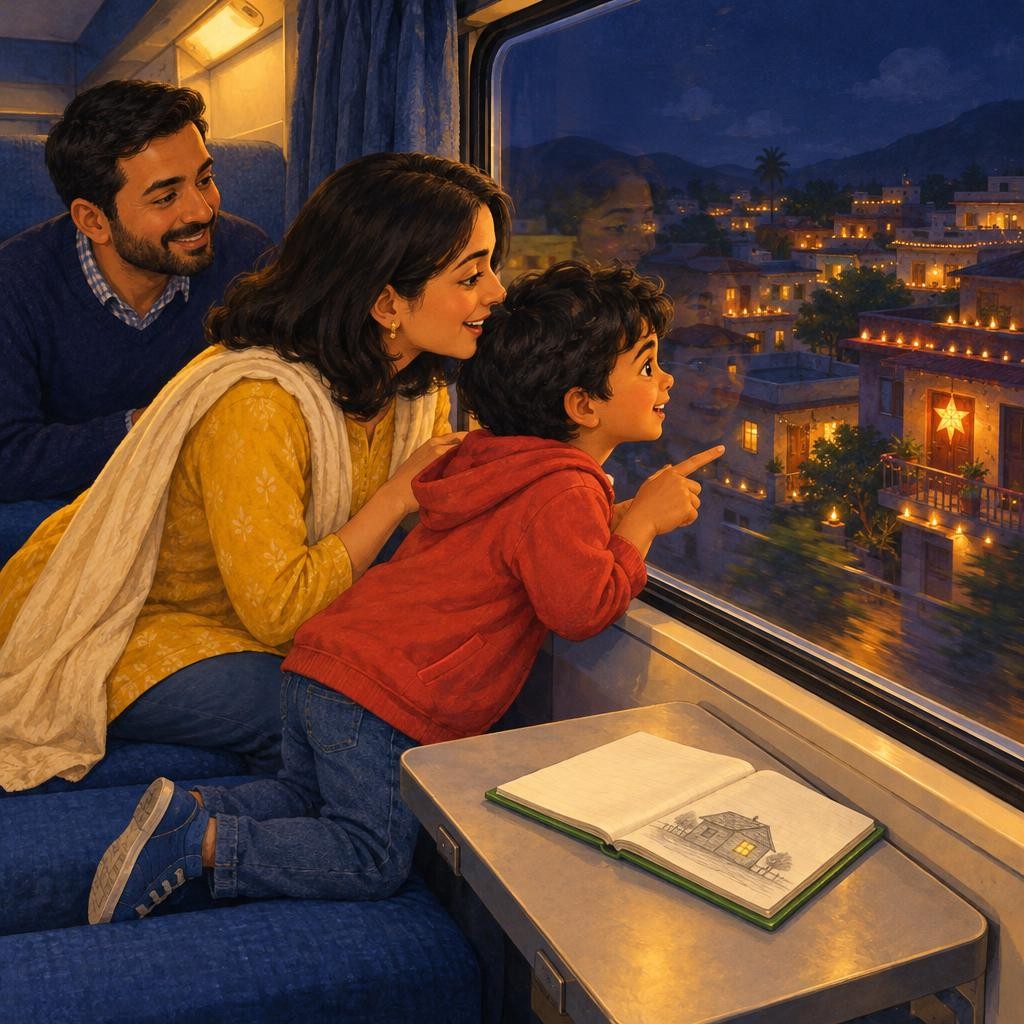 So Neel began collecting. When it grew dark, the train rushed past little towns, and many were already twinkling with Diwali lights. Lamps on rooftops. Strings of lights on balconi