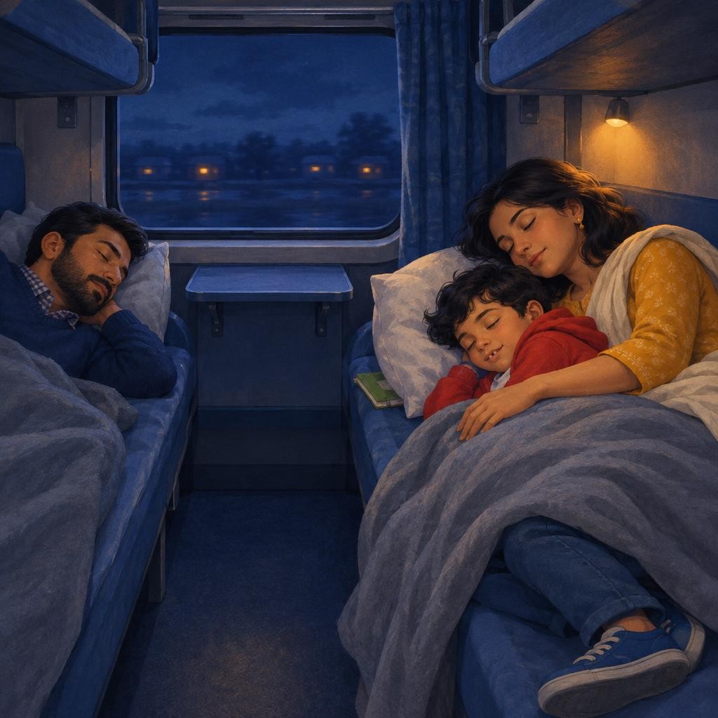 That night, Neel slept on the lower berth, tucked under a blanket between the window and Ma. Clackety-clack, clackety-clack, sang the train. Each time he woke a little, more tiny l