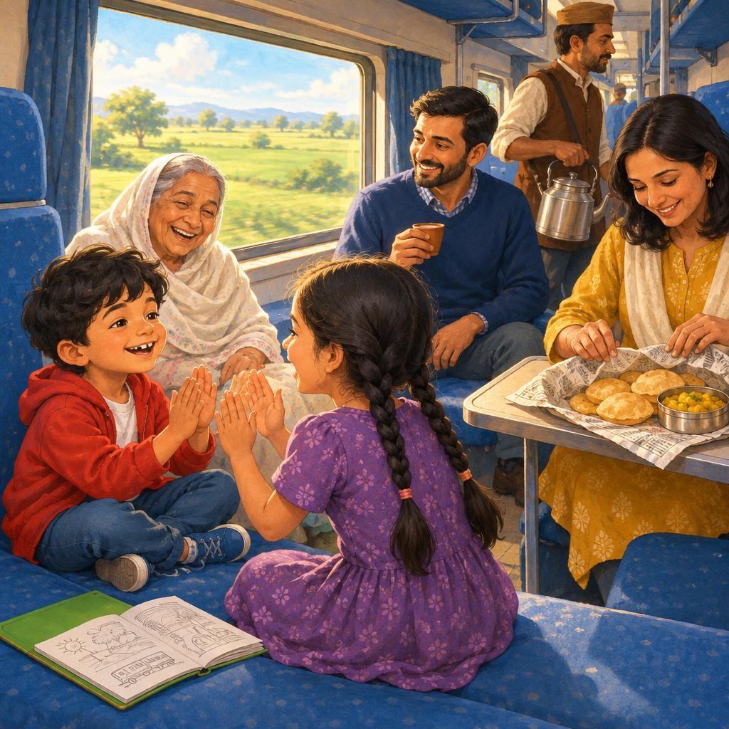 In the morning, Neel collected everything. The chai seller calling, "Chai, chai, garam chai!" down the aisle. Papa's tea in a little clay cup. A river so wide it took a whole minut