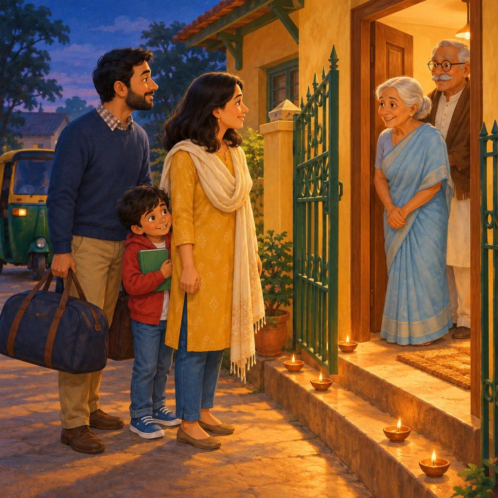 At last, an auto-rickshaw dropped them at Nani's gate. It was evening, and Neel's tummy felt full of flutters. He held his notebook tight and stayed behind Ma. Then he saw the door
