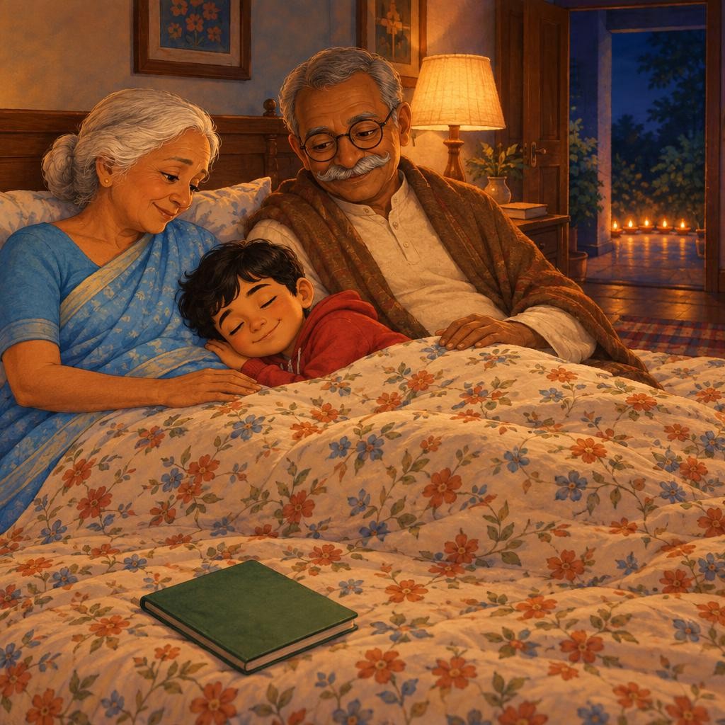"We lit them early," said Nani softly, "so you could find your way." Neel looked at the lights. They were saying welcome home, and they were saying it to him. He was the someone th