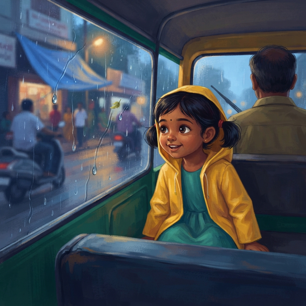 டப் டப் டப்! Auto ஜன்னல் முழுக்க மழைத்துளிகள். மீரா மூக்கை அருகே கொண்டு போனாள். “ஒன்று… இரண்டு… மூன்று!” ஒரு நீளத் துளி கீழே ஓடியது. இன்னொரு குட்டித் துளி அதைப் பிடிக்க வேகமாக வந்த