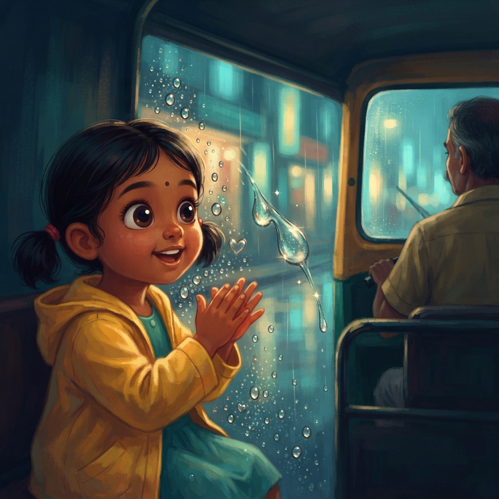 குட்டித் துளி பெரிய துளியைத் தொட்டது. “Plop!” இரண்டு துளிகளும் சேர்ந்து ஒரு குண்டுத் துளி ஆனது. அது இன்னும் வேகமாகக் கீழே பாய்ந்தது. மீராவின் கண்கள் வட்டம். “Team ஆகிட்டீங்களா?” என