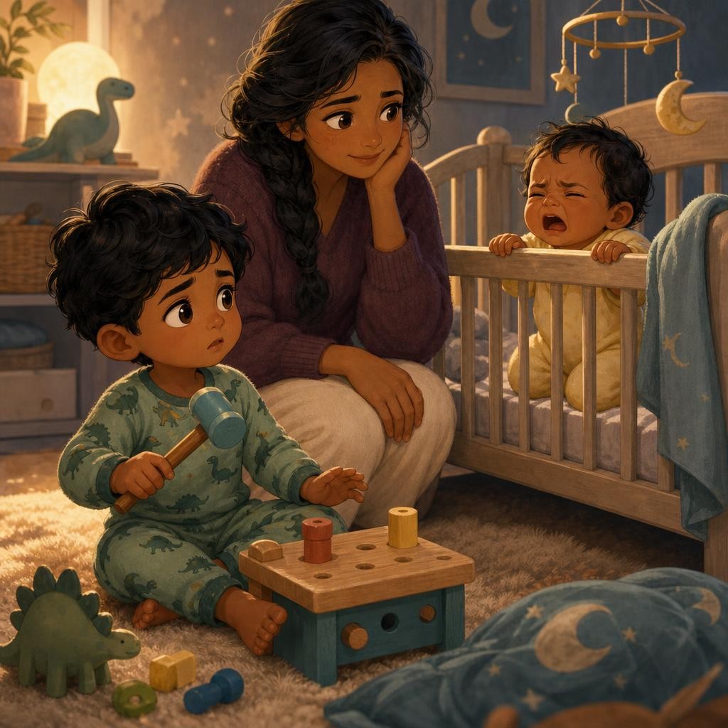 Aiden loved his toy hammer. Bang, bang! Baby sister scrunched her face and woke with a cry. Aiden stopped. He looked at her, then at his hammer. “Oh,” he whispered. “That was too l