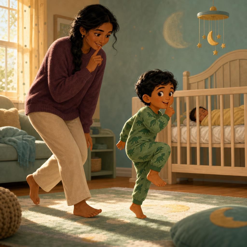 Mama showed Aiden how to make soft feet and a whispery voice. Aiden lifted his toes and crept like the quietest dinosaur in the world. Can you take one soft dinosaur step? Tiptoe…