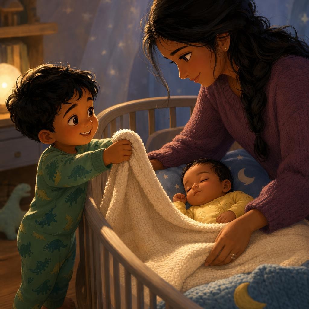 Aiden picked up the fuzzy blanket with two gentle hands. He passed it to Mama—slowly, softly. Mama tucked baby sister in safely, and her eyes fluttered closed. Aiden beamed. His ge