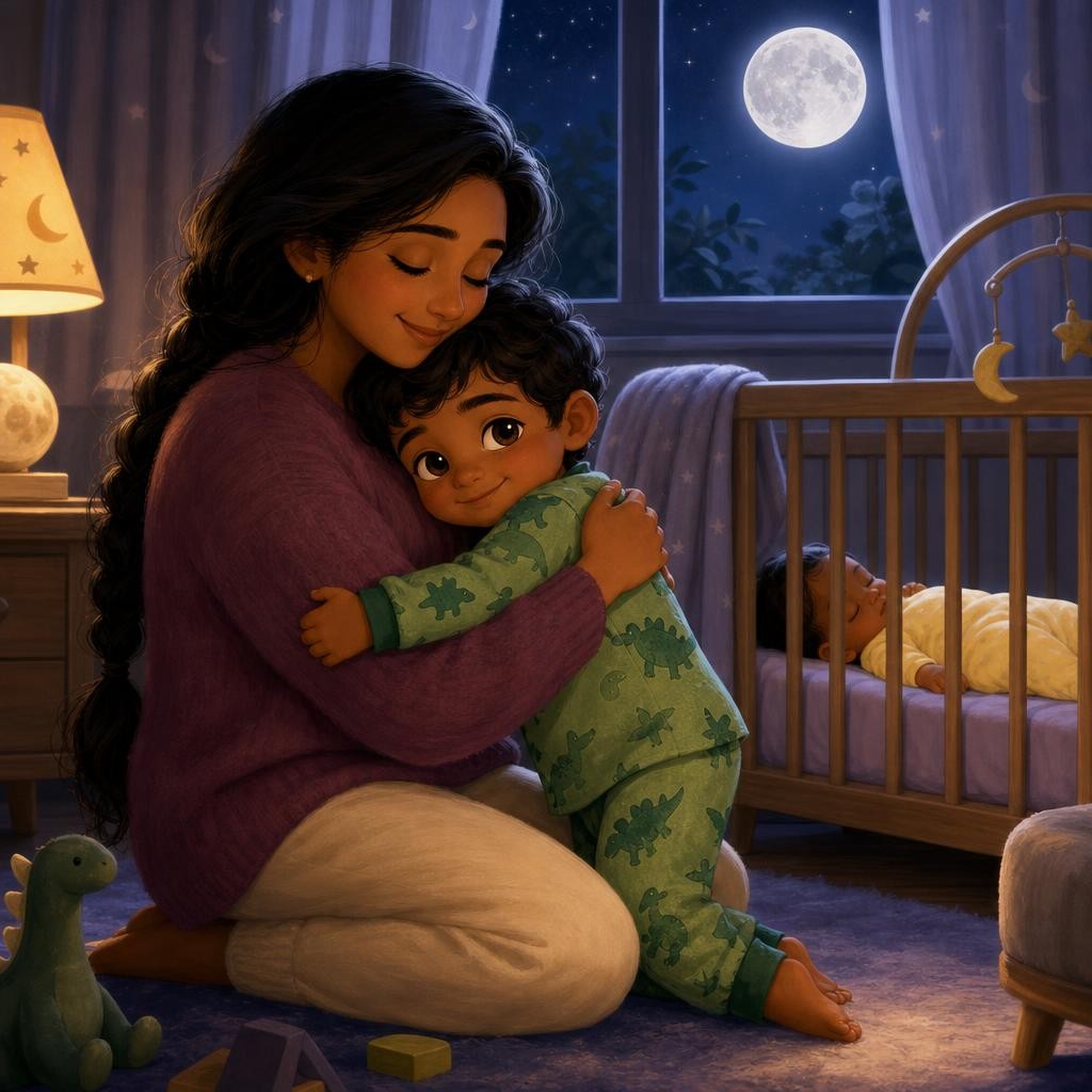 The round moon glowed outside the window. Baby sister slept peacefully in her clear crib. Mama wrapped Aiden in a warm hug. “My gentle big brother,” she said. Aiden rested against