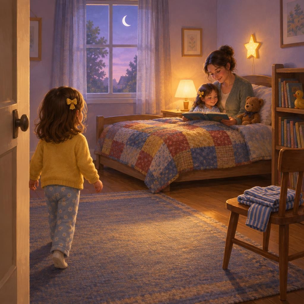 My name is Lily. I am four. At night, I sleep in my own room. My room has a low bed, a teddy bear, and a window.