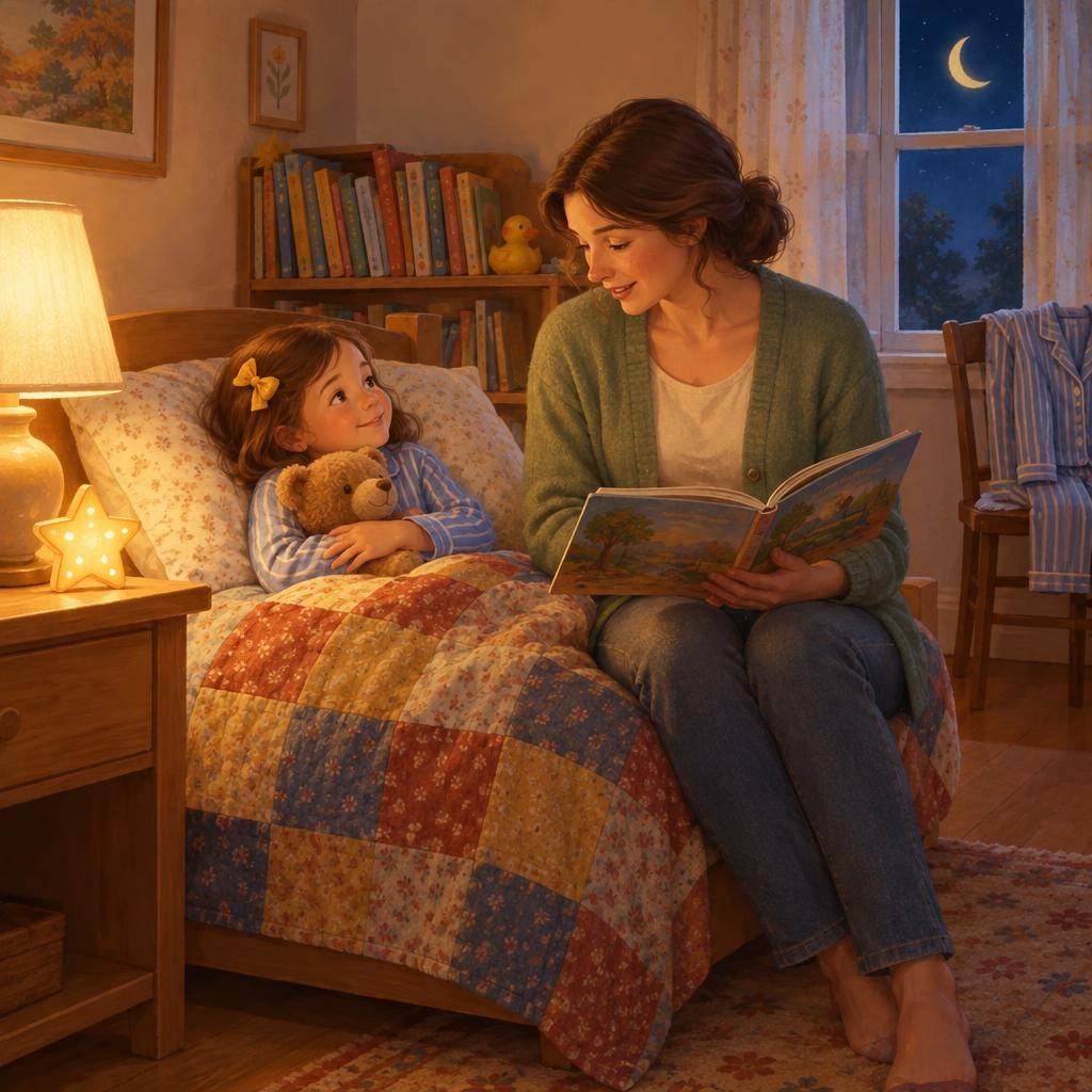 My grown-up reads me a picture book. The bedside lamp makes my room cozy. Usually we read one or two books.