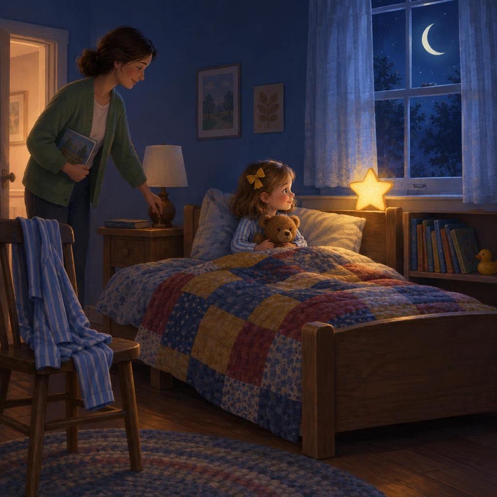 Then my grown-up turns off the lamp. My star night-light stays on. The room gets darker. Many children feel a little nervous in the dark. That is okay.