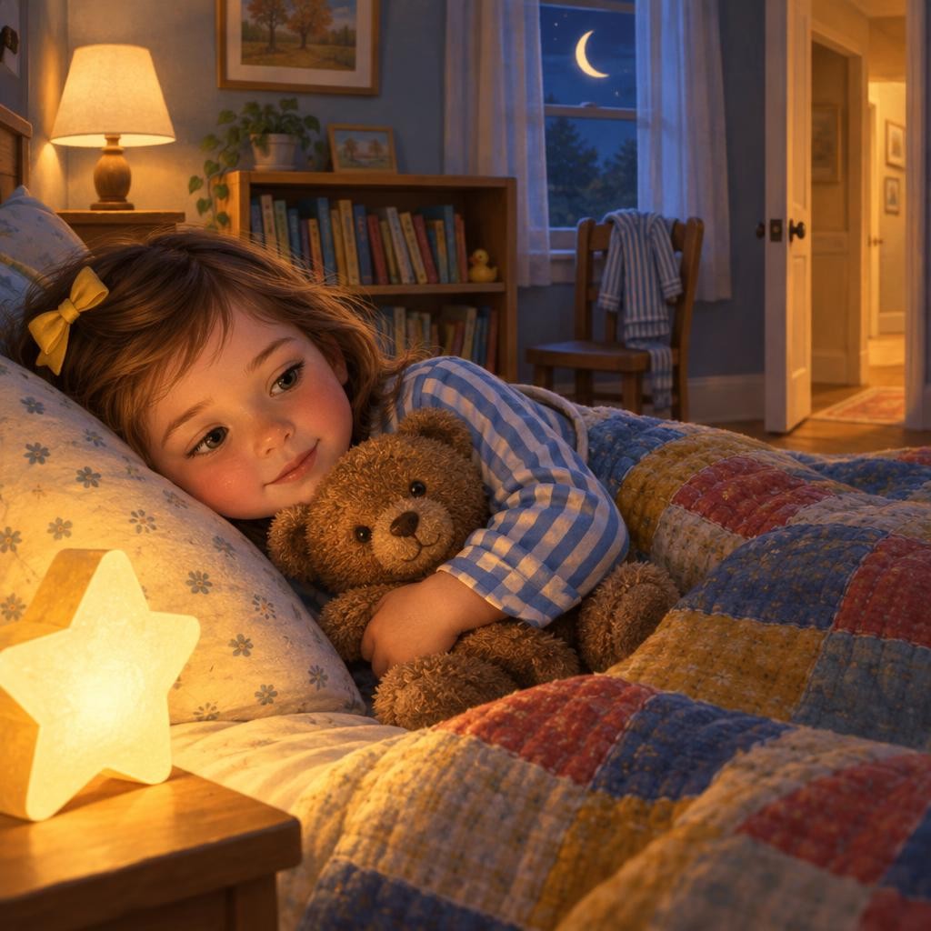My room is the same room as in the day. My teddy is here. My books are here. I can try hugging my teddy and taking three slow breaths.