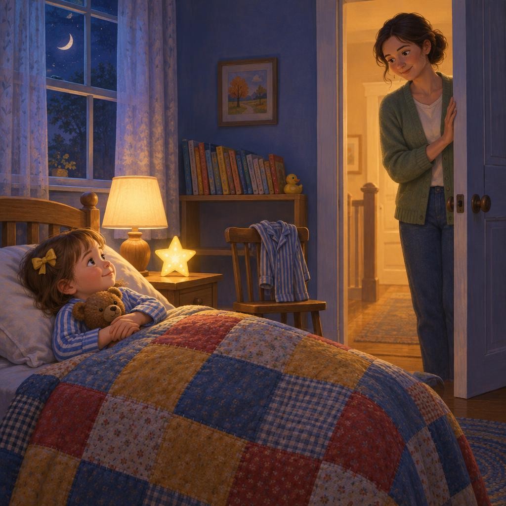 My grown-up says goodnight. The door usually stays open a little. My grown-up is close by, in our home.