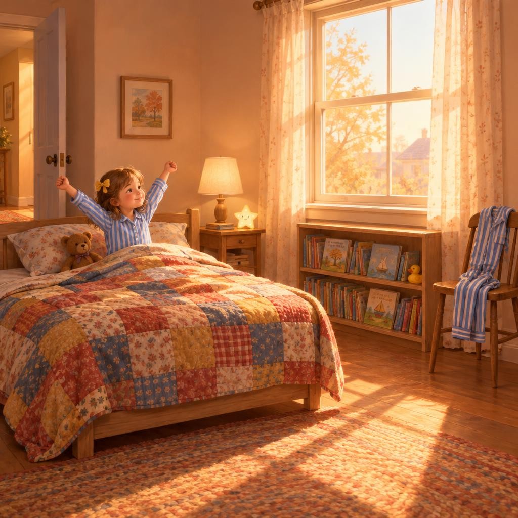 My eyes get heavy. I fall asleep in my own bed. In the morning, the sun comes in the window. I slept in my own room.