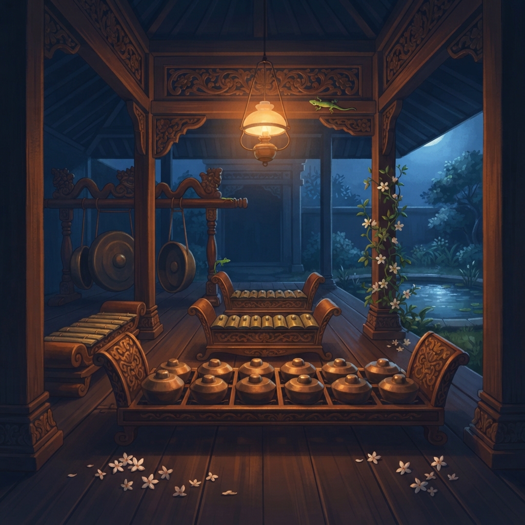 Latihan sudah selesai. Para pemain pulang, dan malam masuk ke pendopo. Namun gamelan masih berkilau dan bergumam, “Belum bisa tidur. Belum semua gong bilang selamat malam.”