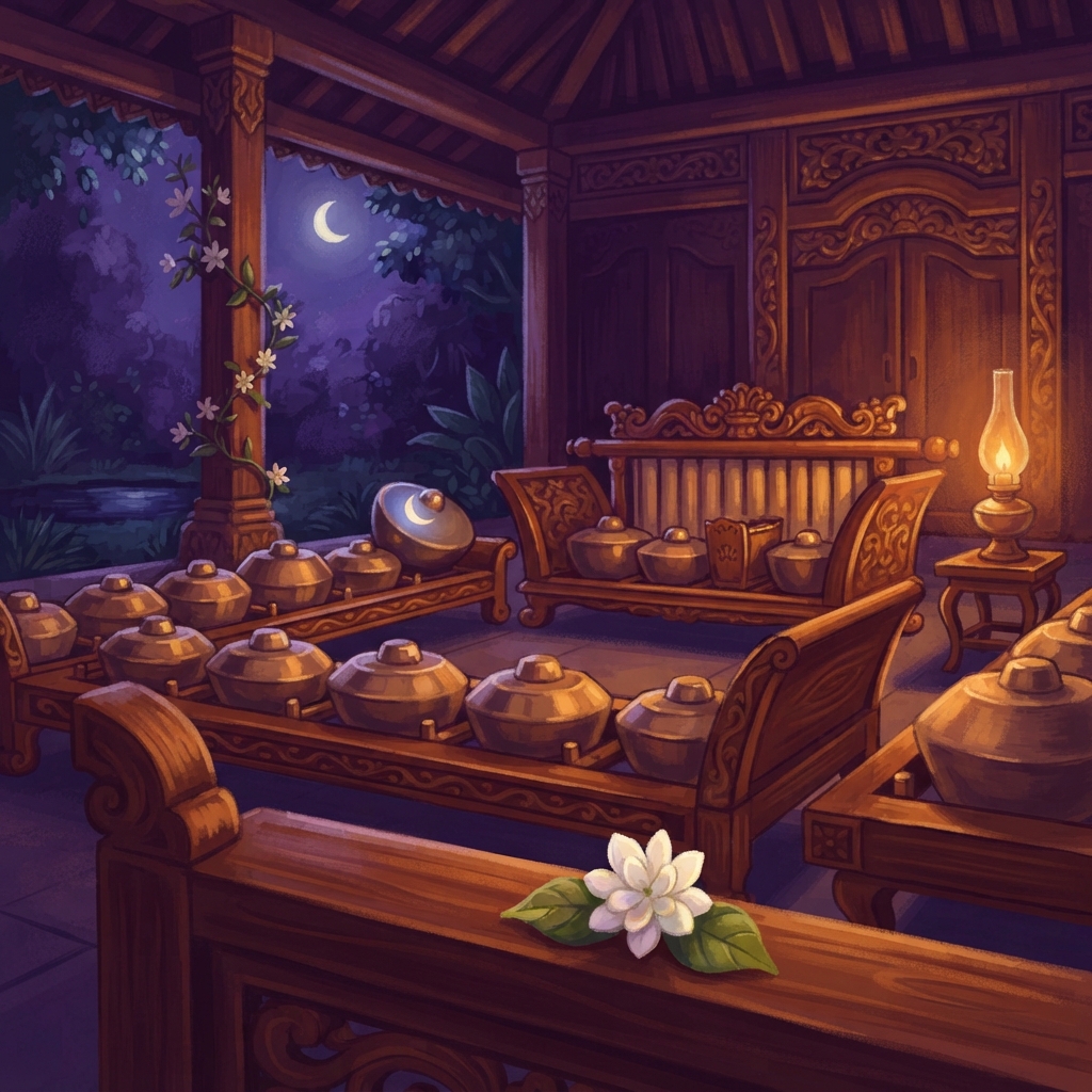 Bonang membungkuk kecil. “Selamat malam,” katanya, tong, ting, tong. Kenong menjawab dari tengah. “Selamat malam,” katanya, nong... nong... Gamelan menguap sedikit. Tetapi belum ti