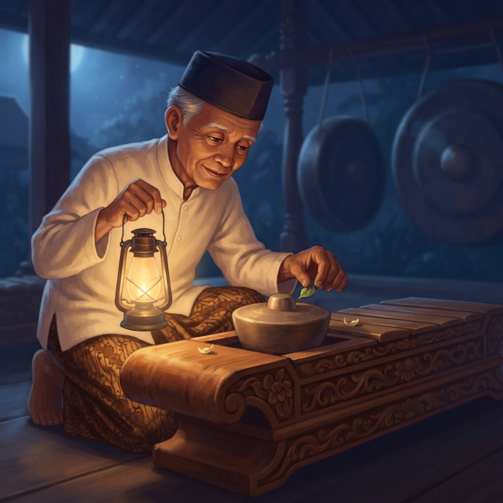 Pak Raka datang membawa lampu. Ia mendengarkan. Dari dekat bonang terdengar bunyi mungil, “Tik?” Oh! Kempyang kecil tertutup sehelai daun melati. Pak Raka mengangkat daunnya dan me
