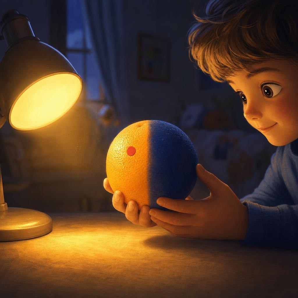 The Lamp Lights Only Half illustration for The Spinning Ball and the Lamp