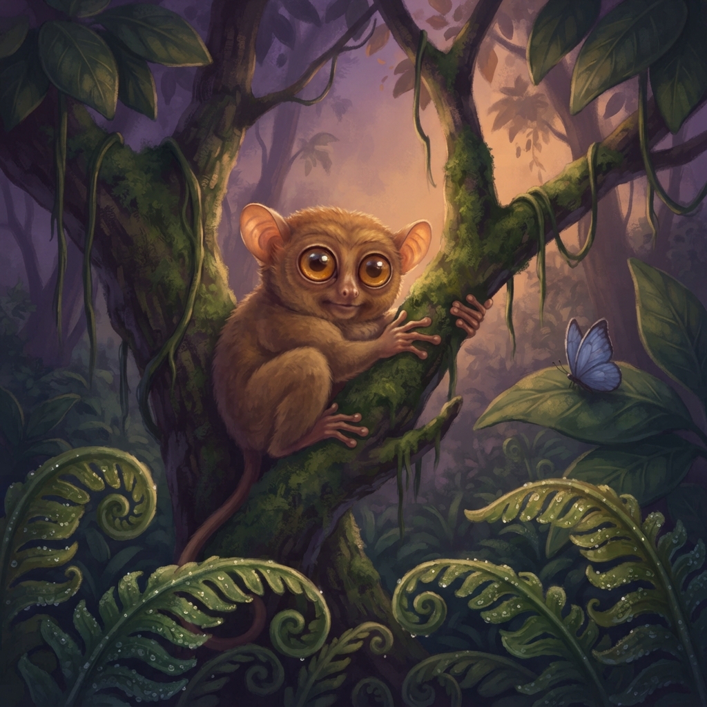 Senja datang ke hutan Sulawesi. Burung-burung sudah diam. Daun-daun pun tenang. Tetapi mata Titi masih terbuka lebar. Bulat sekali! “Bagaimana caranya memejam?” pikir Titi.