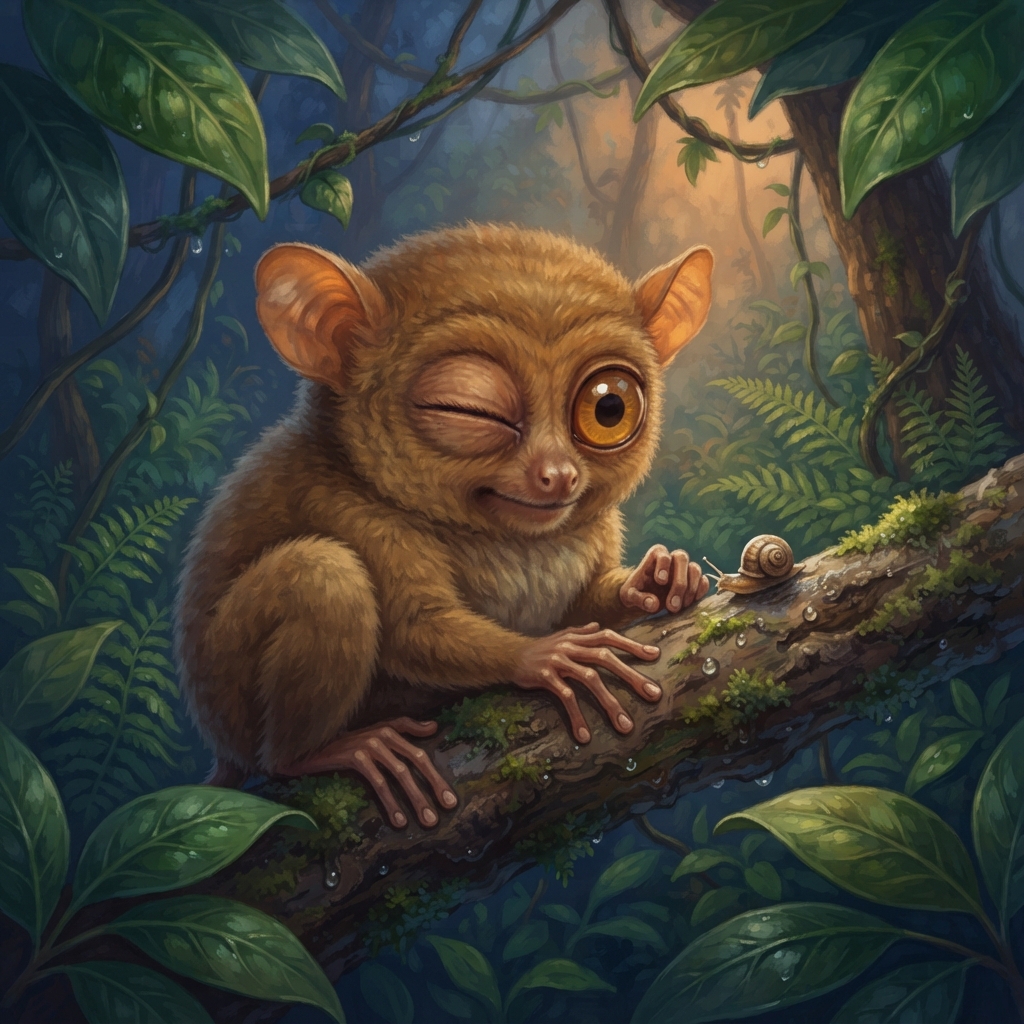 Titi mencoba pelan-pelan. Satu mata mengecil. Mata satunya tetap bundar. “Hmm... bukan begitu.” Ia membuka keduanya lagi. Plop! Dua bulan kecil kembali bersinar.