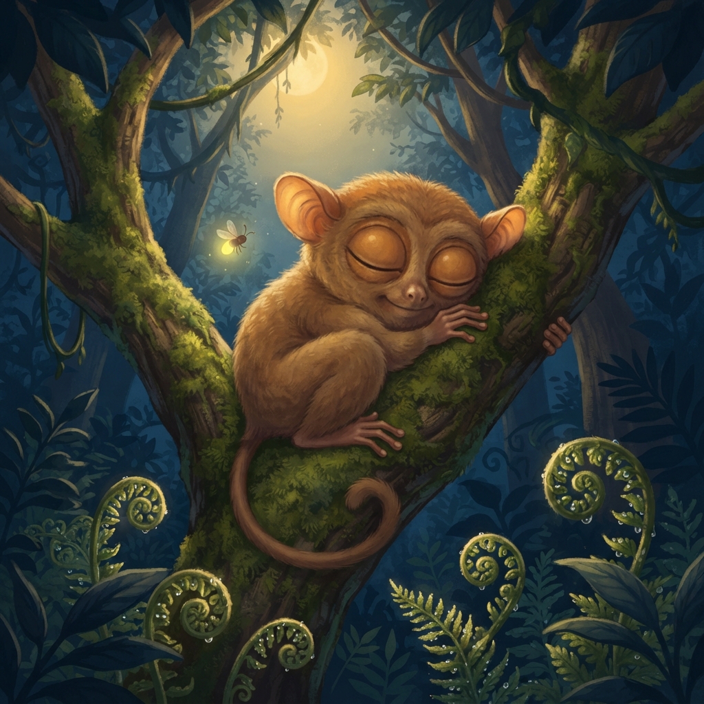 Sekali lagi, kedua kelopak turun. Pejam. Mata besar Titi akhirnya tertutup. Ekornya melingkar nyaman di dahan. Bulan menjaga hutan. Titi pun tidur—kecil, hangat, dan bangga.