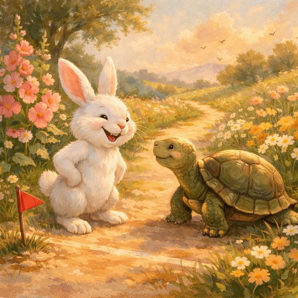 The Friendly Challenge illustration for The Rabbit and the Tortoise