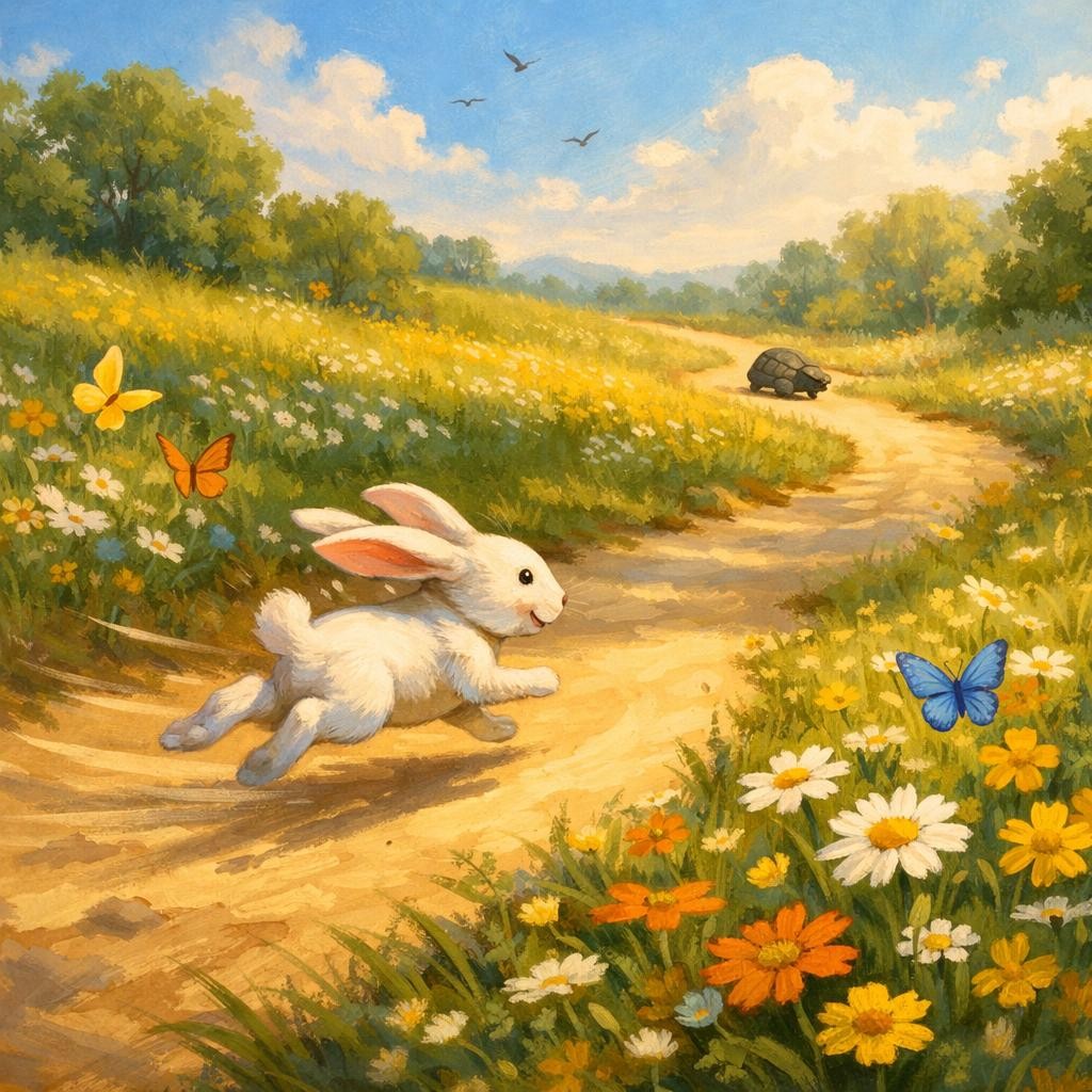 Off They Go illustration for The Rabbit and the Tortoise