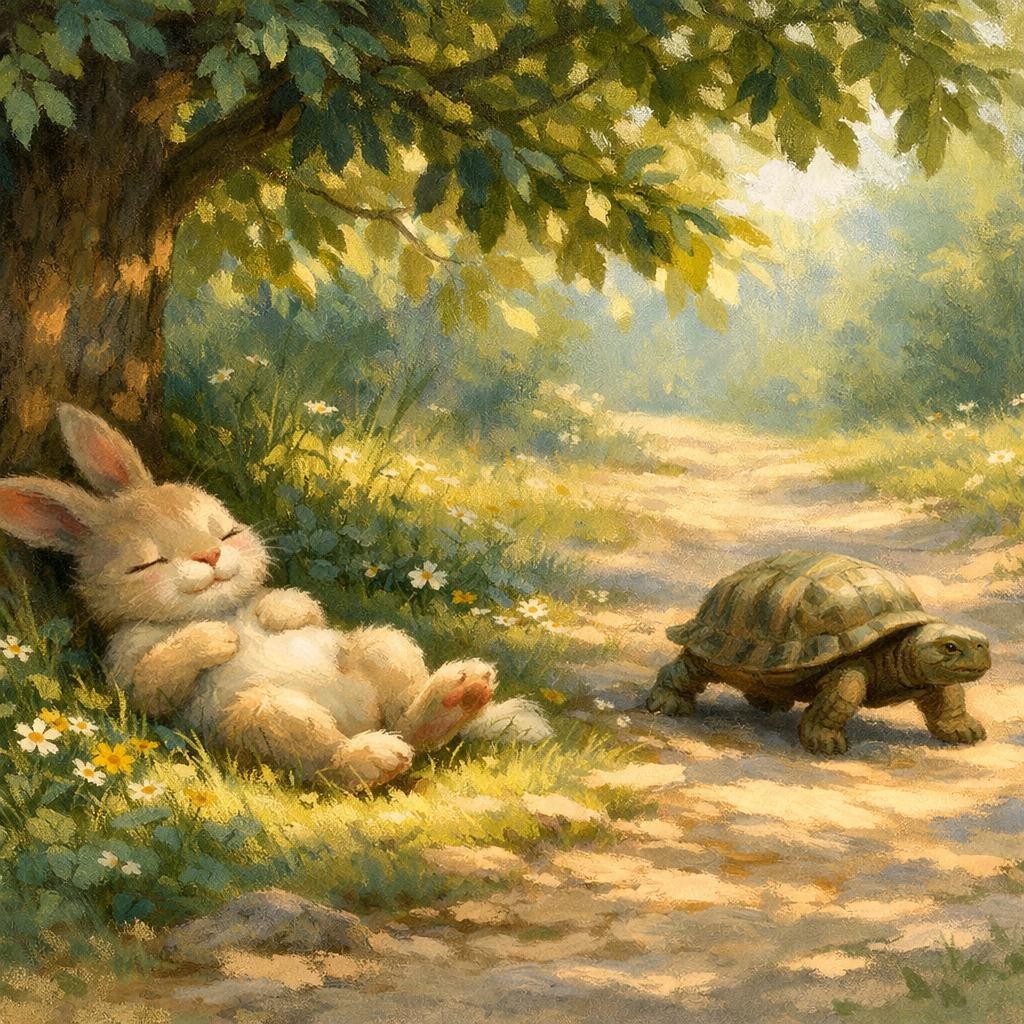 Nap Time for Rabbit illustration for The Rabbit and the Tortoise