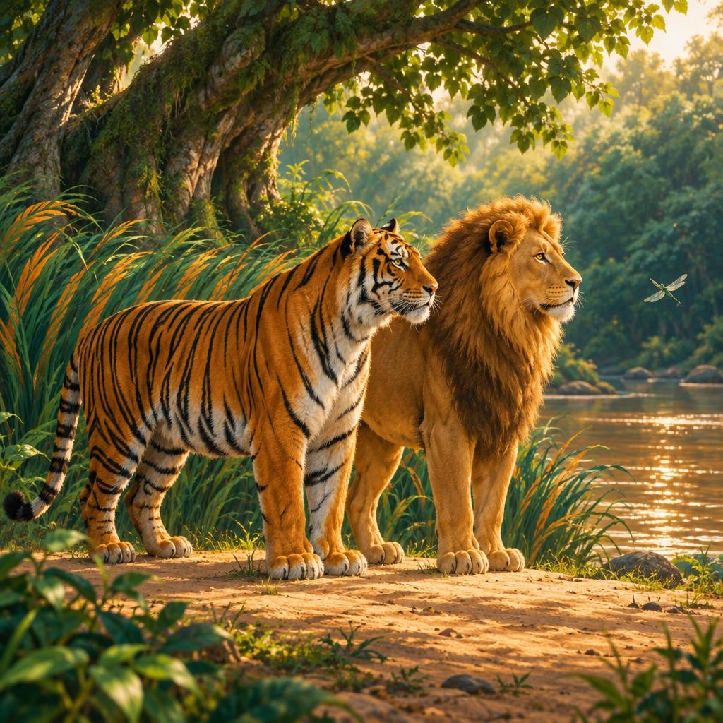 Peek! The tiger is usually a little longer and heavier. A big tiger is as long as a sofa! The tiger hunts all alone. Its stripes help it hide in tall grass, and it is a strong swim